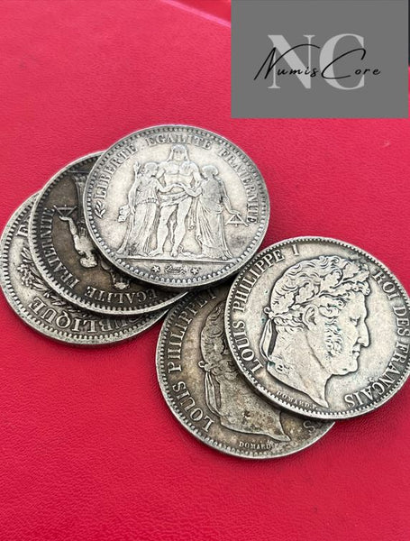 Lot de 5 X 5 Francs Ecu (pré-1900) - 25g - Argent 900/1000 - types, années et états divers (Hercule, Louis-Philippe, Napoléon…)